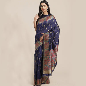 Blooming Navy Blue Colored Festive Wear Woven Silk Blend Saree - Peachmode