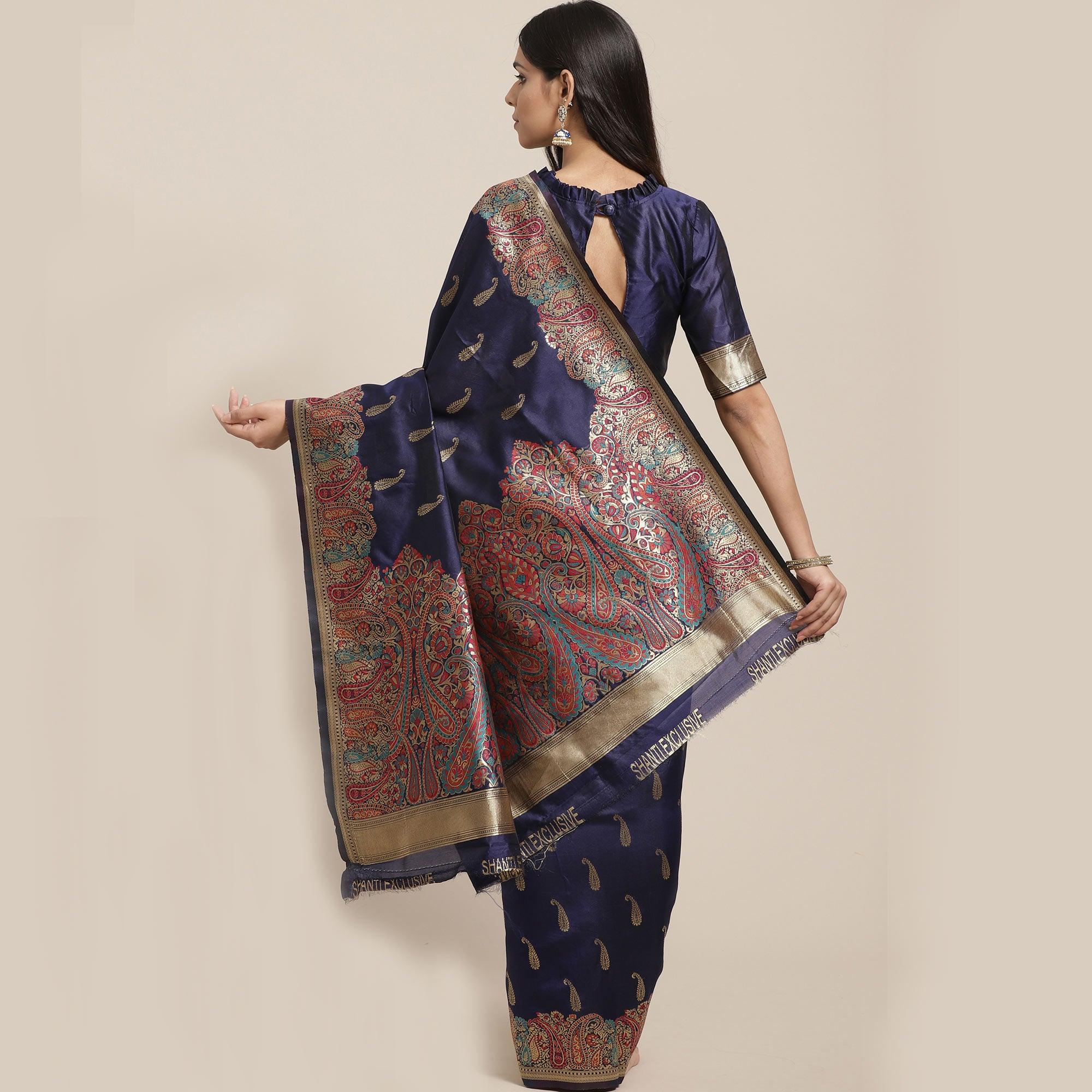 Blooming Navy Blue Colored Festive Wear Woven Silk Blend Saree - Peachmode