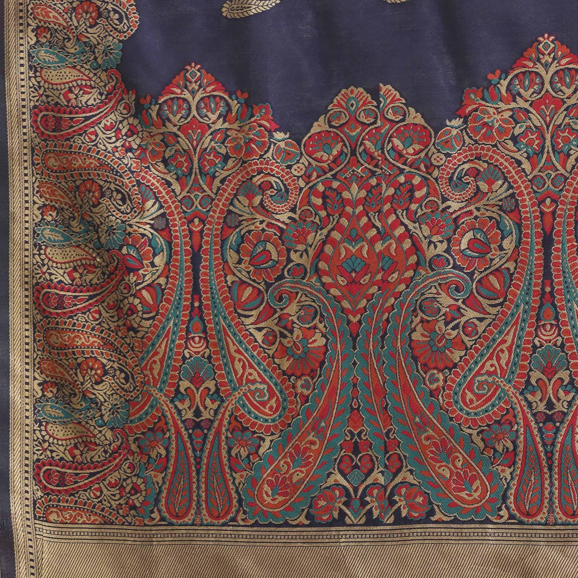 Blooming Navy Blue Colored Festive Wear Woven Silk Blend Saree - Peachmode