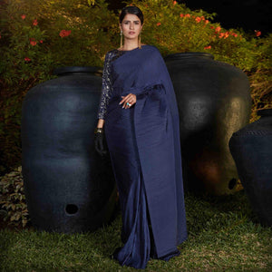 Blooming Navy Blue Colored Party Wear Plitting Work Silk Saree - Peachmode