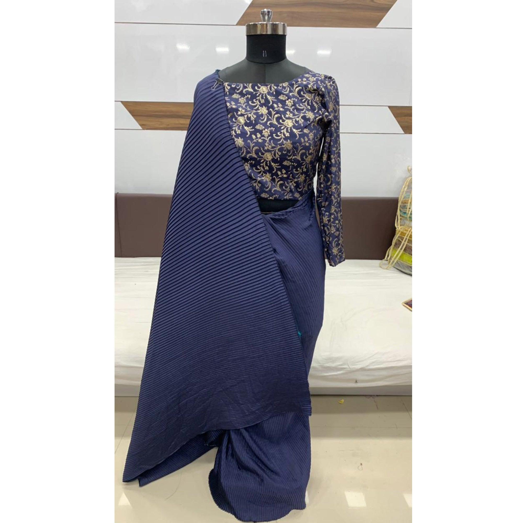 Blooming Navy Blue Colored Party Wear Plitting Work Silk Saree - Peachmode