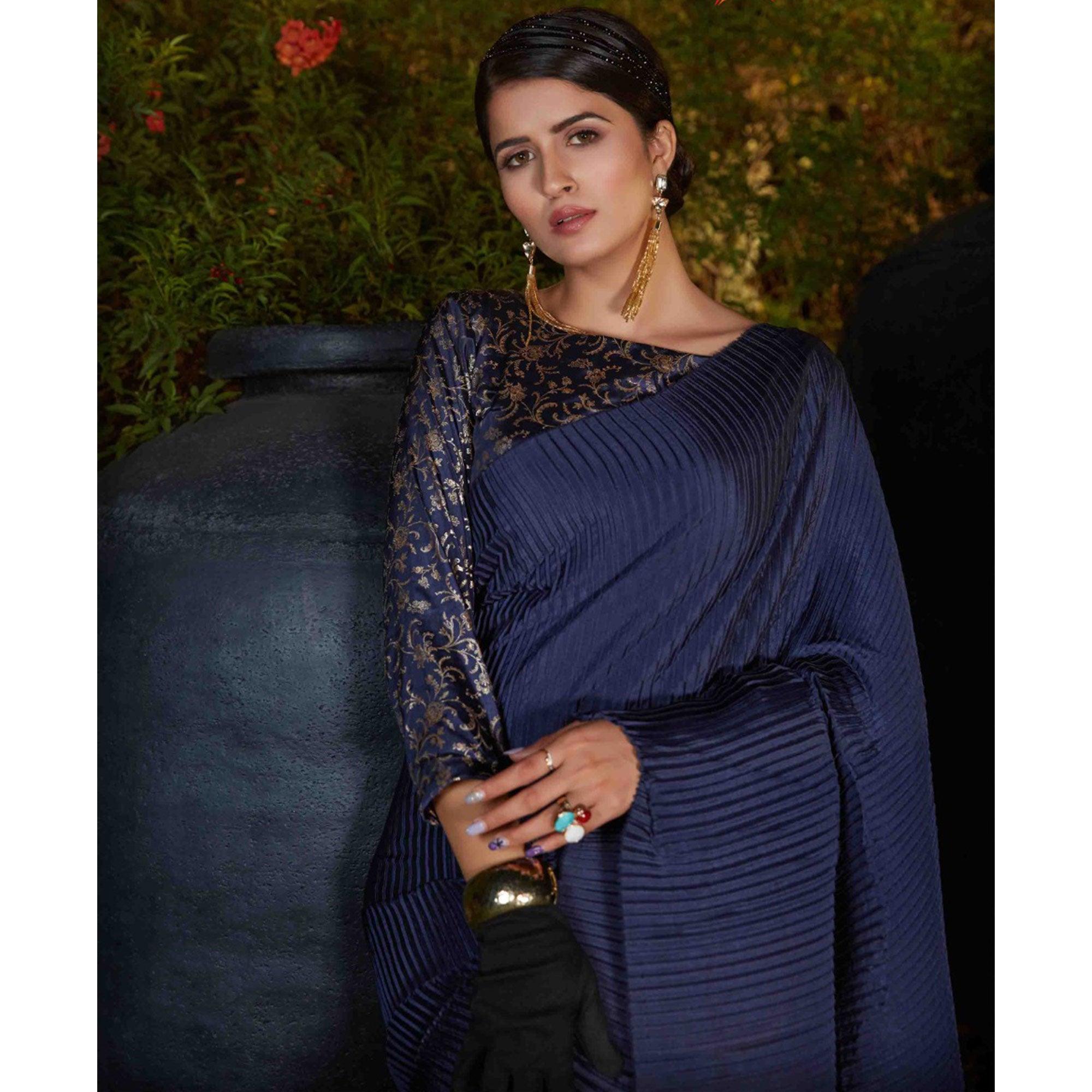 Blooming Navy Blue Colored Party Wear Plitting Work Silk Saree - Peachmode