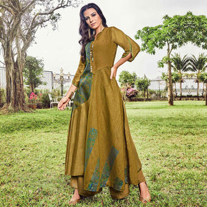 Blooming Olive Green Colored Party Wear Printed Modal-Jacquard Long Kurti - Peachmode