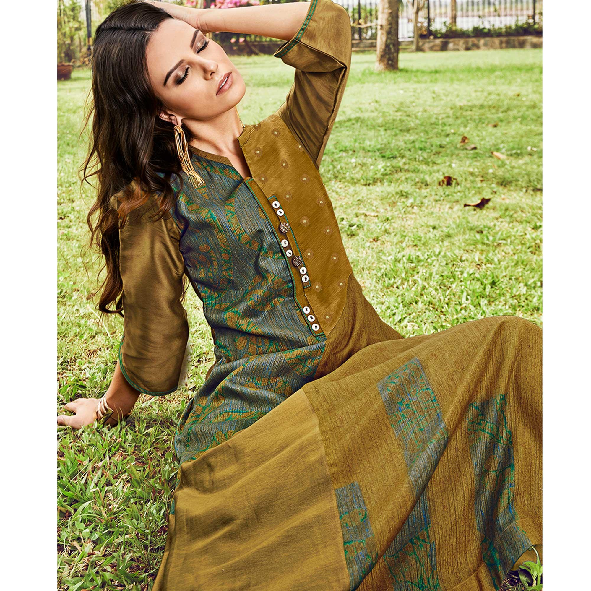 Blooming Olive Green Colored Party Wear Printed Modal-Jacquard Long Kurti - Peachmode