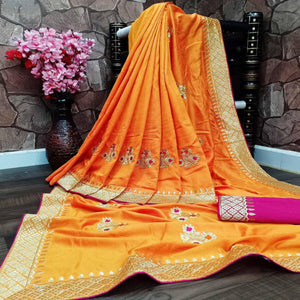 Blooming Orange Colored Festive Wear Woven Dola Silk Saree - Peachmode