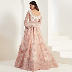 Blooming Peach Colored Cording Embroidery Wedding Wear Net Lehenga Choli - Peachmode