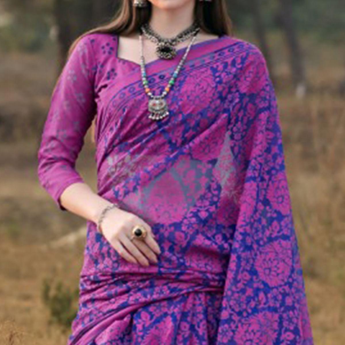 Blooming Pink & Blue Colored Casual Wear Printed Brasso Saree - Peachmode