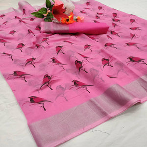 Blooming Pink Colored Casual Wear Sparrow Block Printed Cotton Linen Saree - Peachmode
