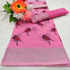 Blooming Pink Colored Casual Wear Sparrow Block Printed Cotton Linen Saree - Peachmode