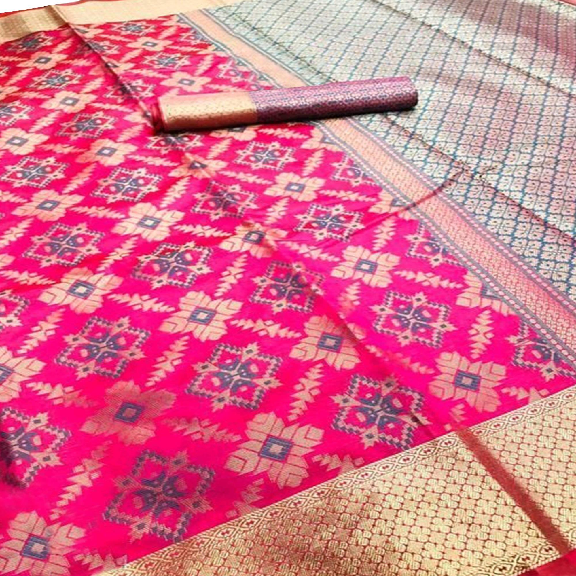 Blooming Pink Colored Festive Wear Woven Silk Saree - Peachmode