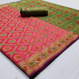 Blooming Pink Colored Festive Wear Woven Silk Saree - Peachmode
