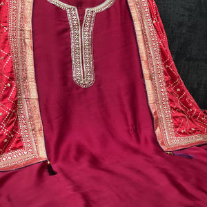 Blooming Pink Colored Partywear Embroidered Satin Georgette Palazzo Suit - Peachmode