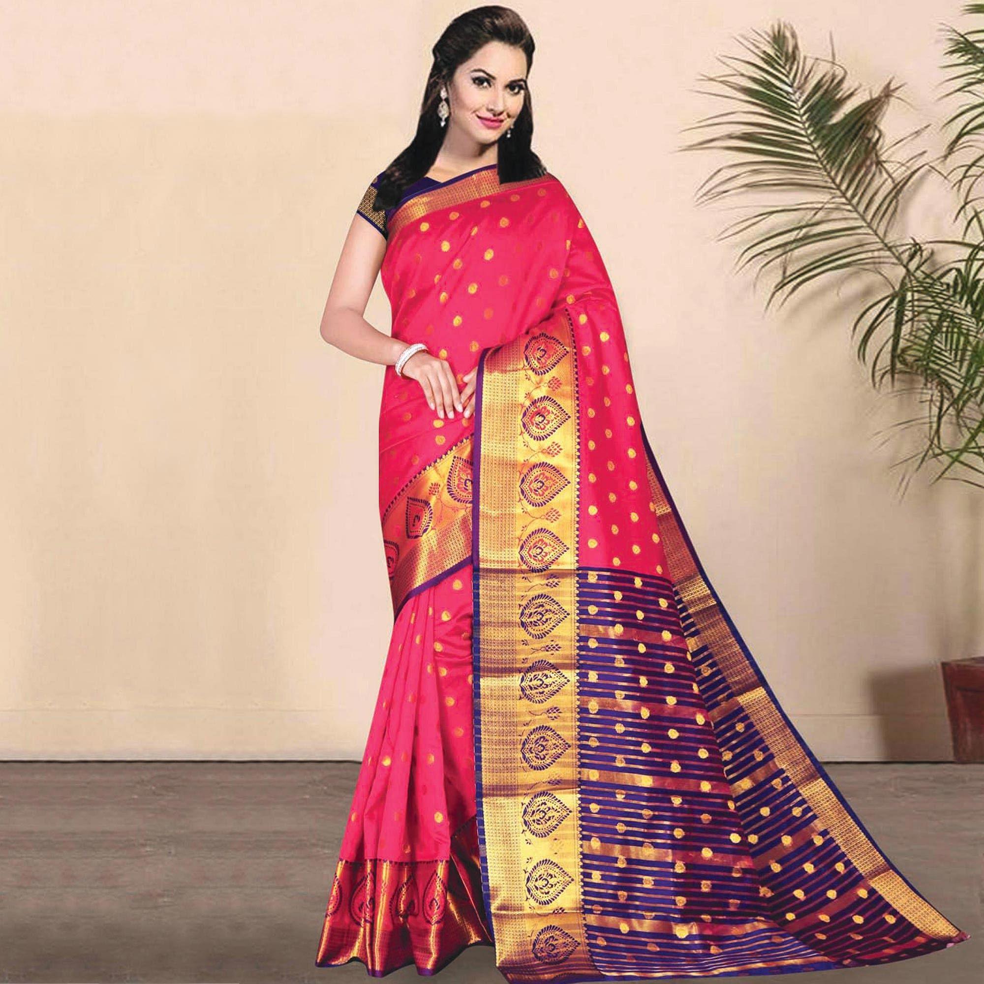 Blooming Pink Coloured Festive Wear Woven Kota Litchi Art Silk Saree - Peachmode