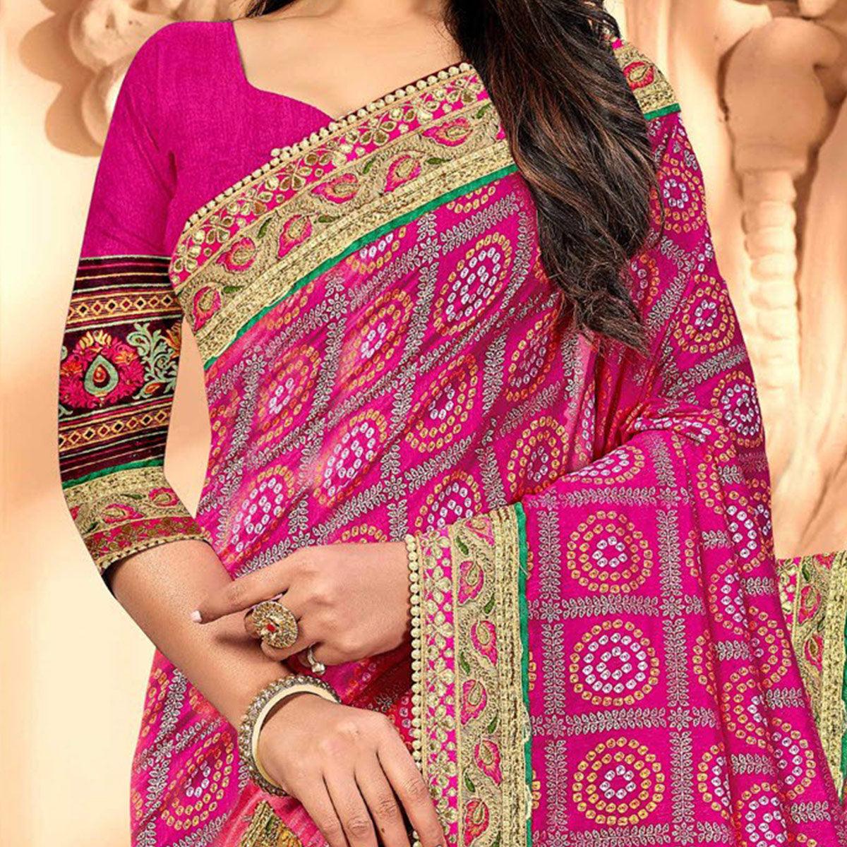 Blooming Pink Coloured Partywear Diamond Work Half & Half Art Silk Saree - Peachmode