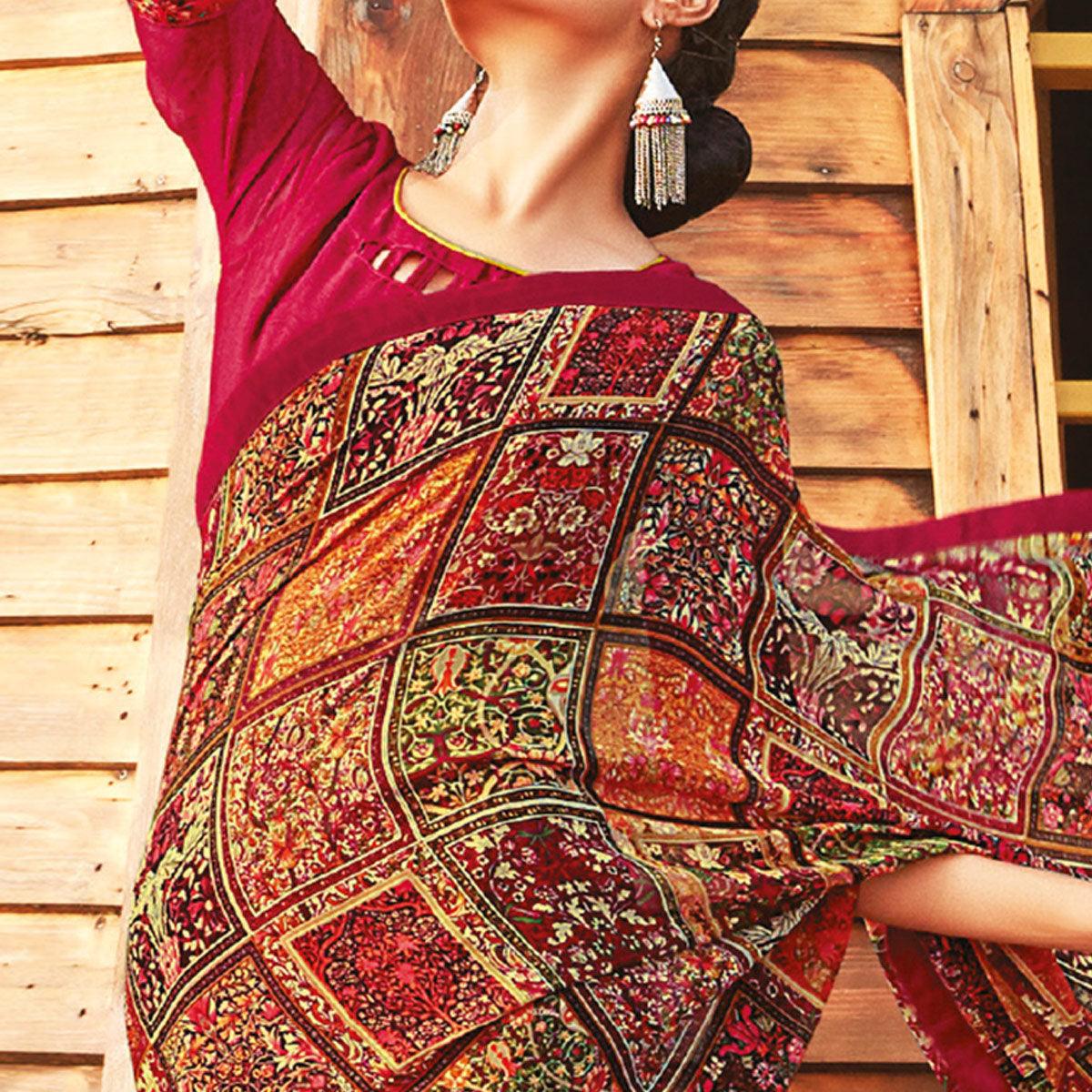 Blooming Pink Coloured Partywear Pure Georgette Floral Printed Saree With Fancy Lace Border - Peachmode