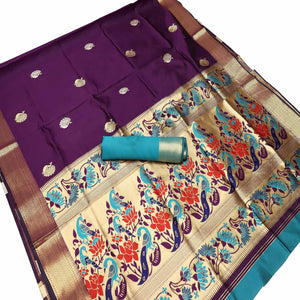 Blooming Purple Colored Festive Wear Woven Kota Art Silk Banarasi Saree - Peachmode
