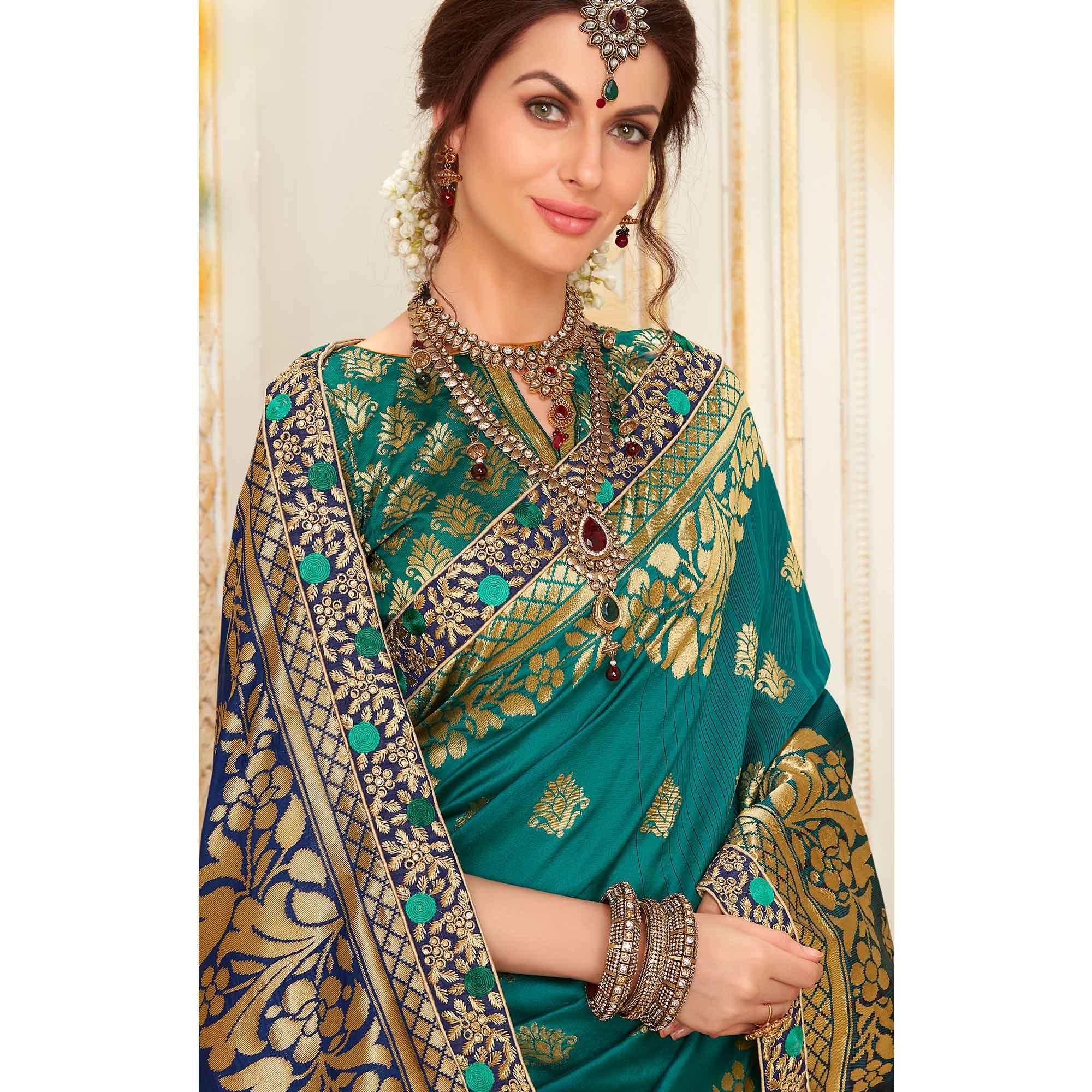 Blooming Rama Blue Colored Festive Wear Woven Work Banarasi Silk Saree - Peachmode