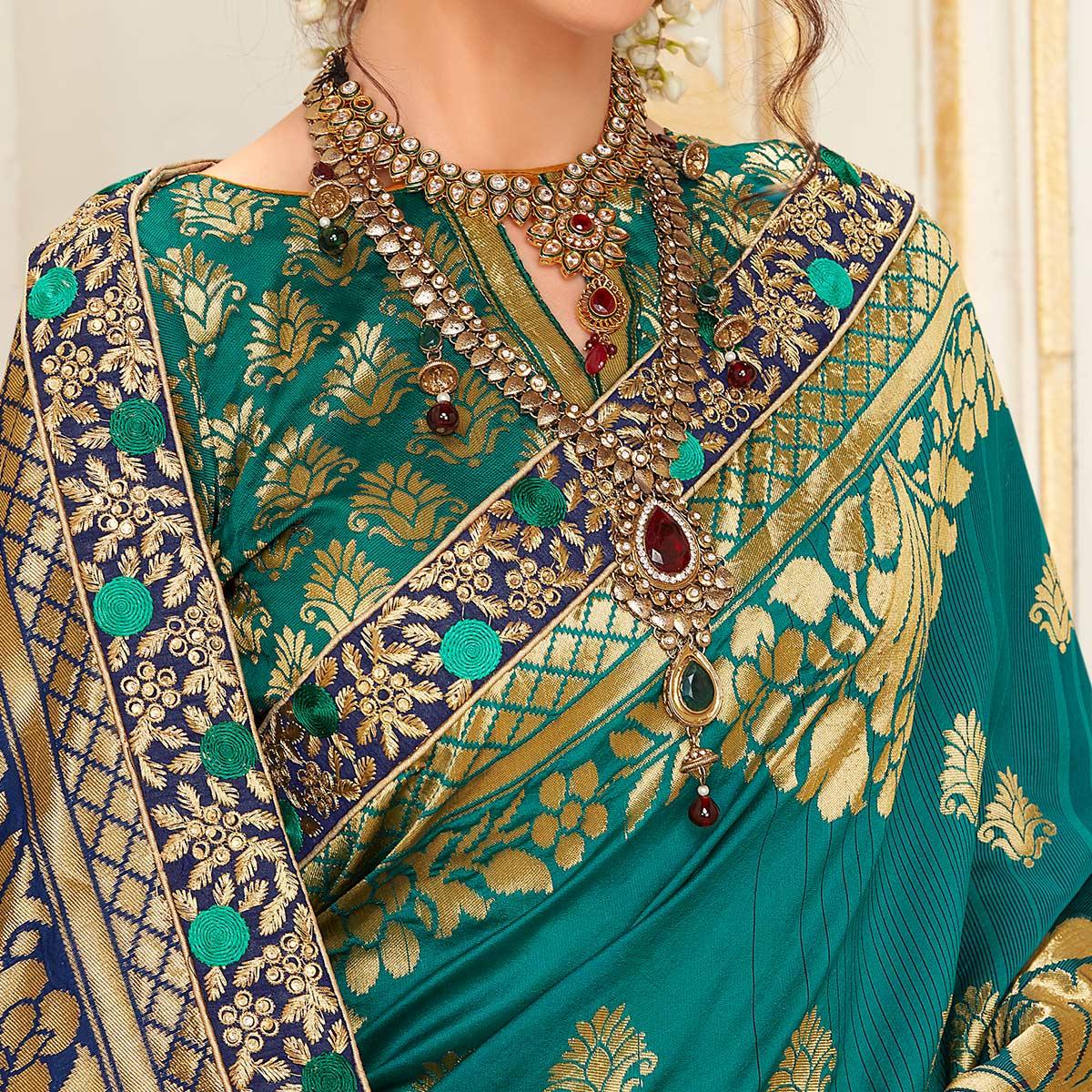 Blooming Rama Blue Colored Festive Wear Woven Work Banarasi Silk Saree - Peachmode