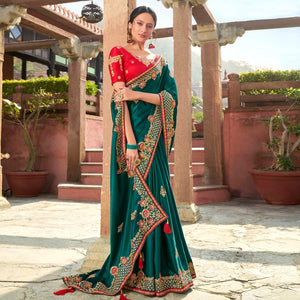 Blooming Rama Green Colored Partywear Embroidered Satin - Gerogette Saree - Peachmode