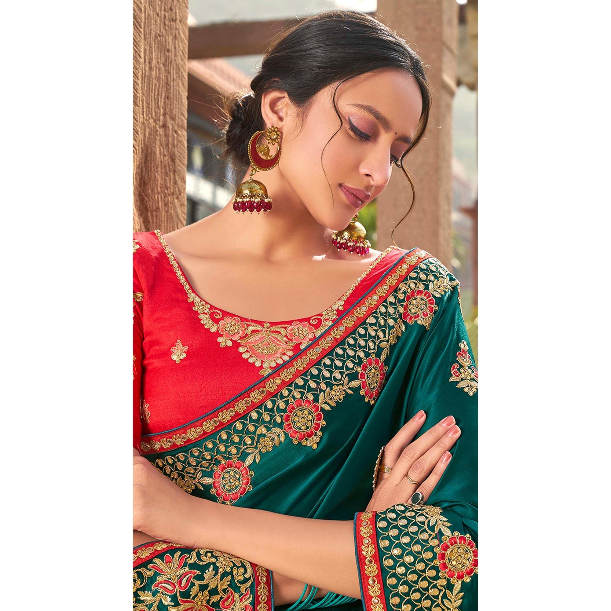 Blooming Rama Green Colored Partywear Embroidered Satin - Gerogette Saree - Peachmode