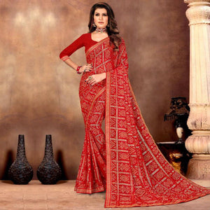 Blooming Red Colored Festive Wear Bandhani Print With Gotta Border Heavy Georgette Saree - Peachmode