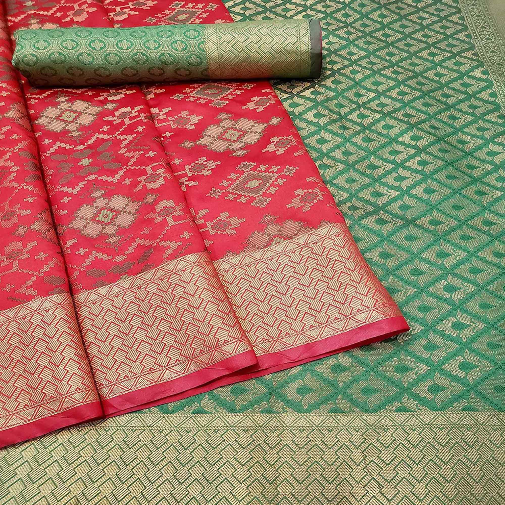 Blooming Red Colored Festive Wear Woven Banarasi Silk Saree - Peachmode