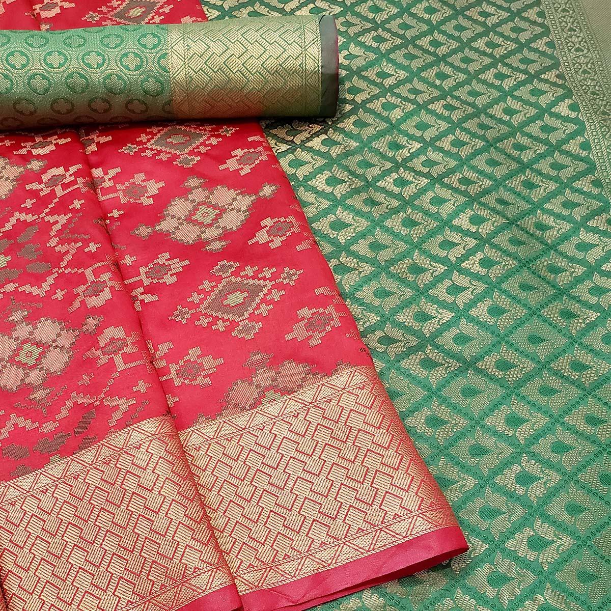 Blooming Red Colored Festive Wear Woven Banarasi Silk Saree - Peachmode