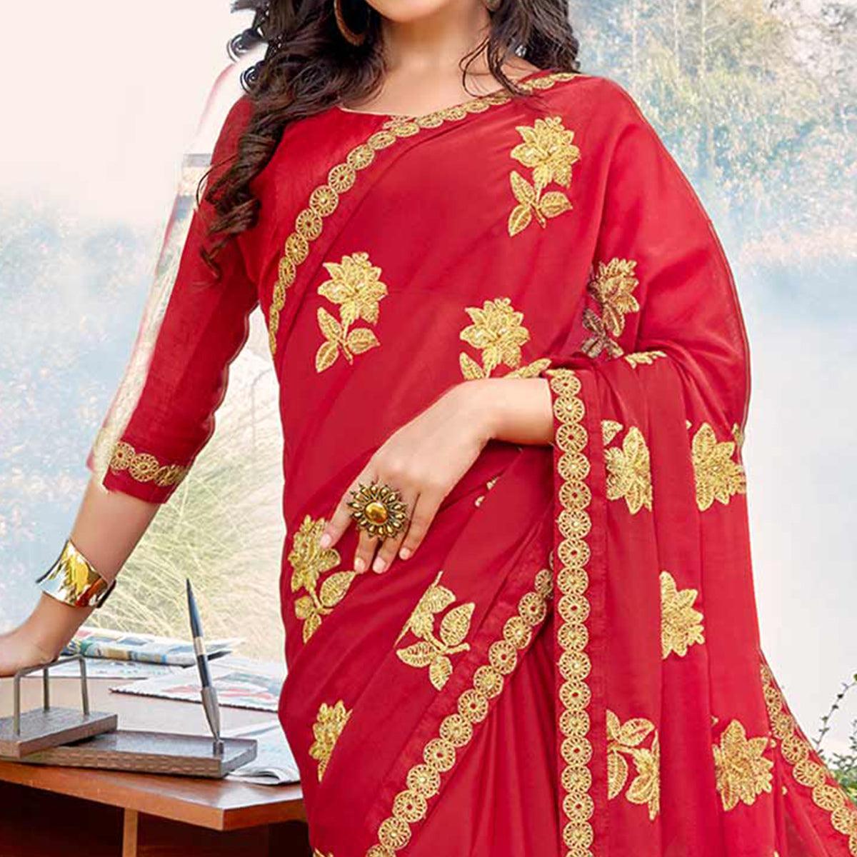Blooming Red Colored Partywear Embroidered Georgette Saree - Peachmode