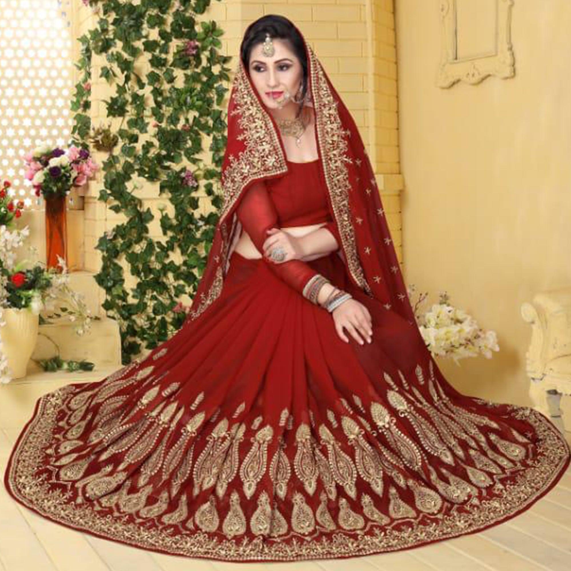 Blooming Red Colored Partywear Embroidered Georgette Saree - Peachmode