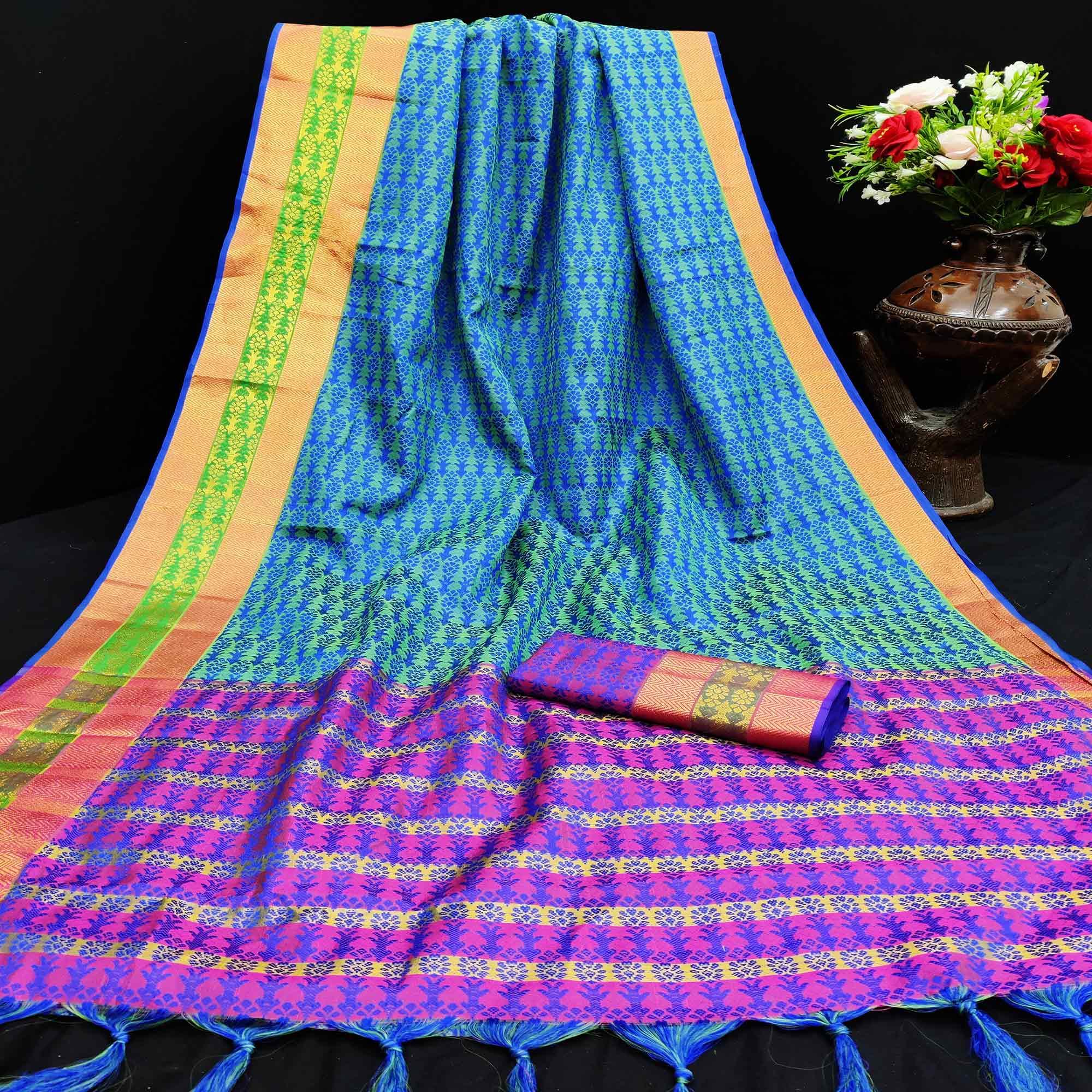 Blooming Royal Blue Colored Festive Wear Woven Jacqaurd Silk Saree - Peachmode