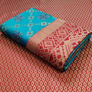 Blooming Turquoise Blue Colored Festive Wear Woven Patola Silk Saree - Peachmode