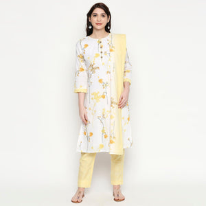 Blooming White-Yellow Colored Casual Wear Floral Printed Cotton Kurti-Pant Set With Dupatta - Peachmode