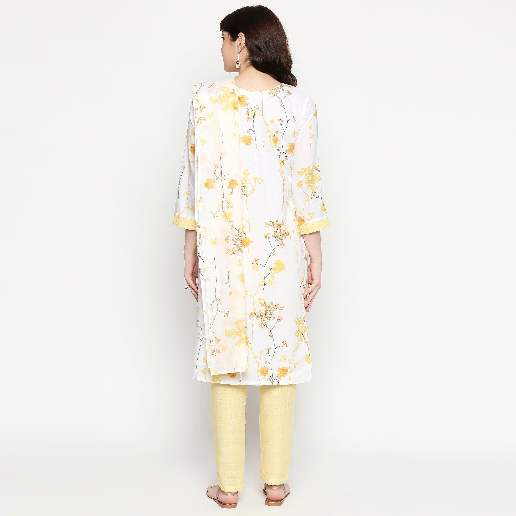 Blooming White-Yellow Colored Casual Wear Floral Printed Cotton Kurti-Pant Set With Dupatta - Peachmode