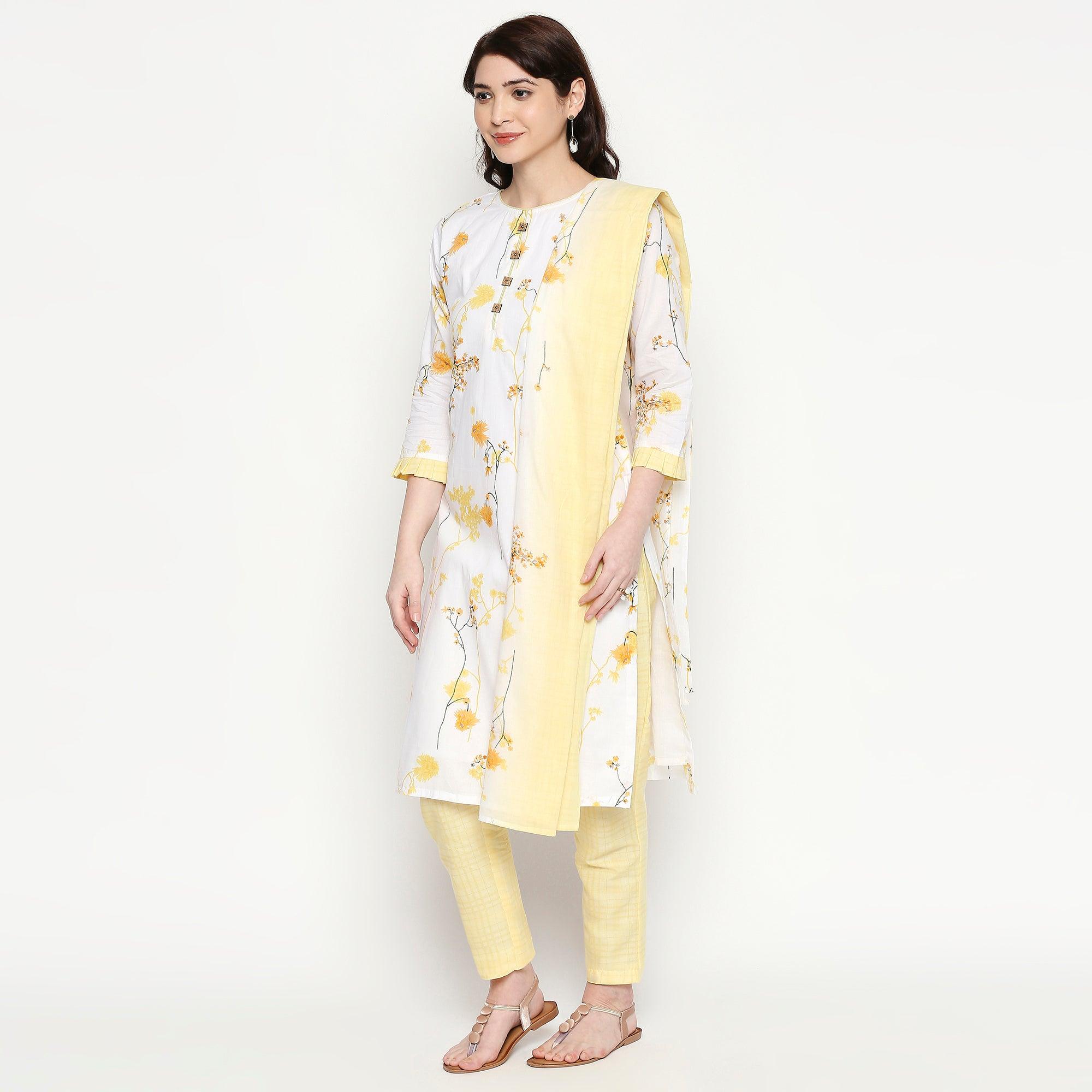 Blooming White-Yellow Colored Casual Wear Floral Printed Cotton Kurti-Pant Set With Dupatta - Peachmode