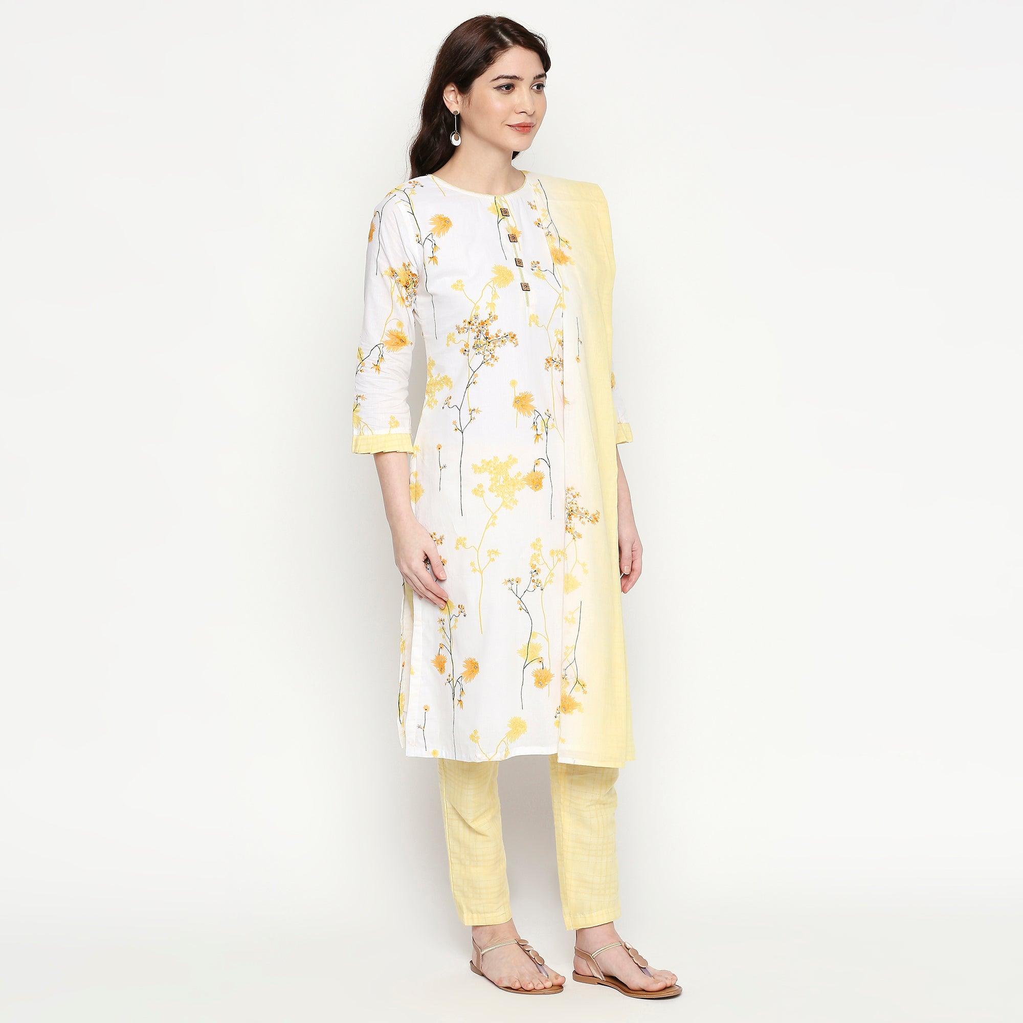 Blooming White-Yellow Colored Casual Wear Floral Printed Cotton Kurti-Pant Set With Dupatta - Peachmode