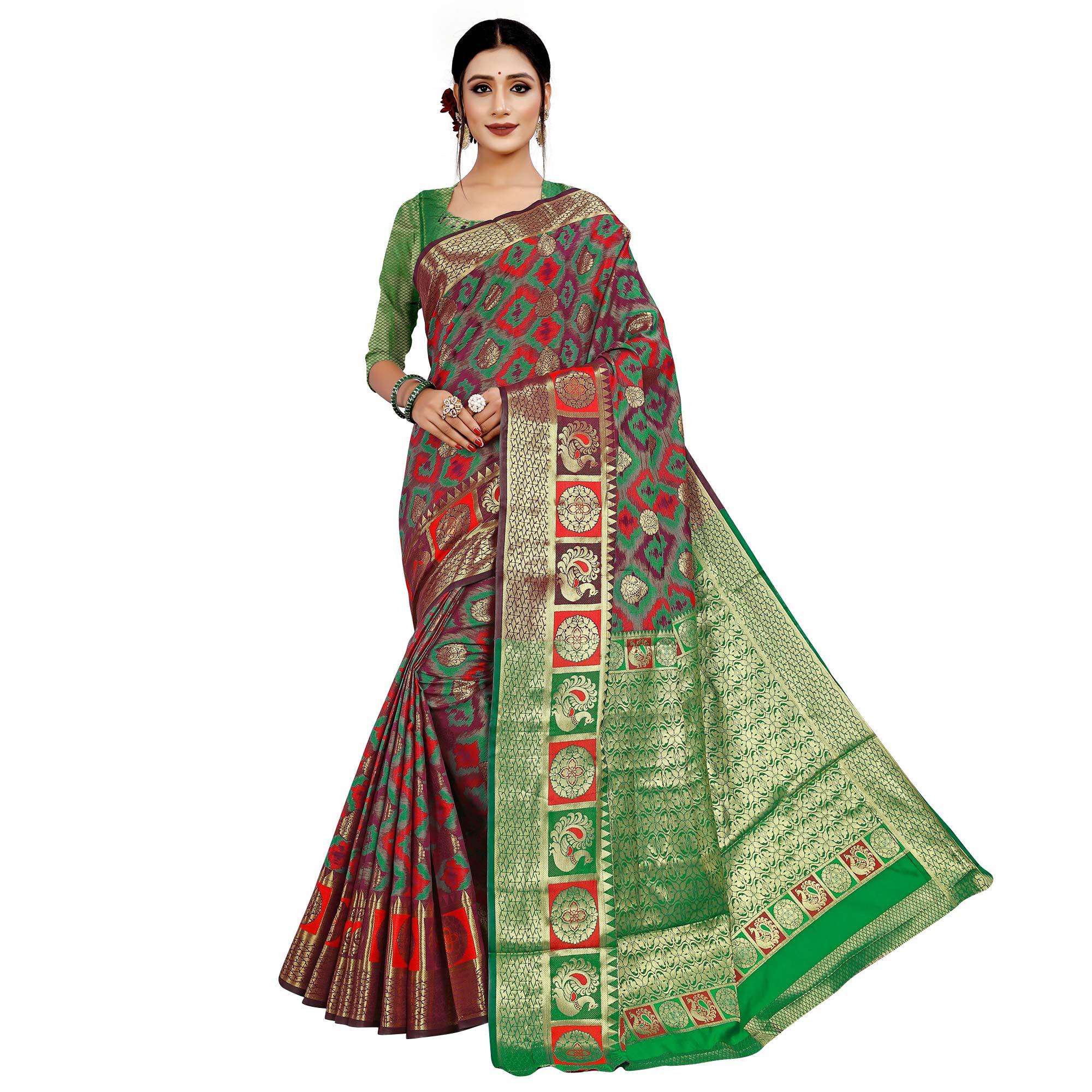 Blooming Wine Colored Festive Wear Woven Cotton Silk Saree - Peachmode