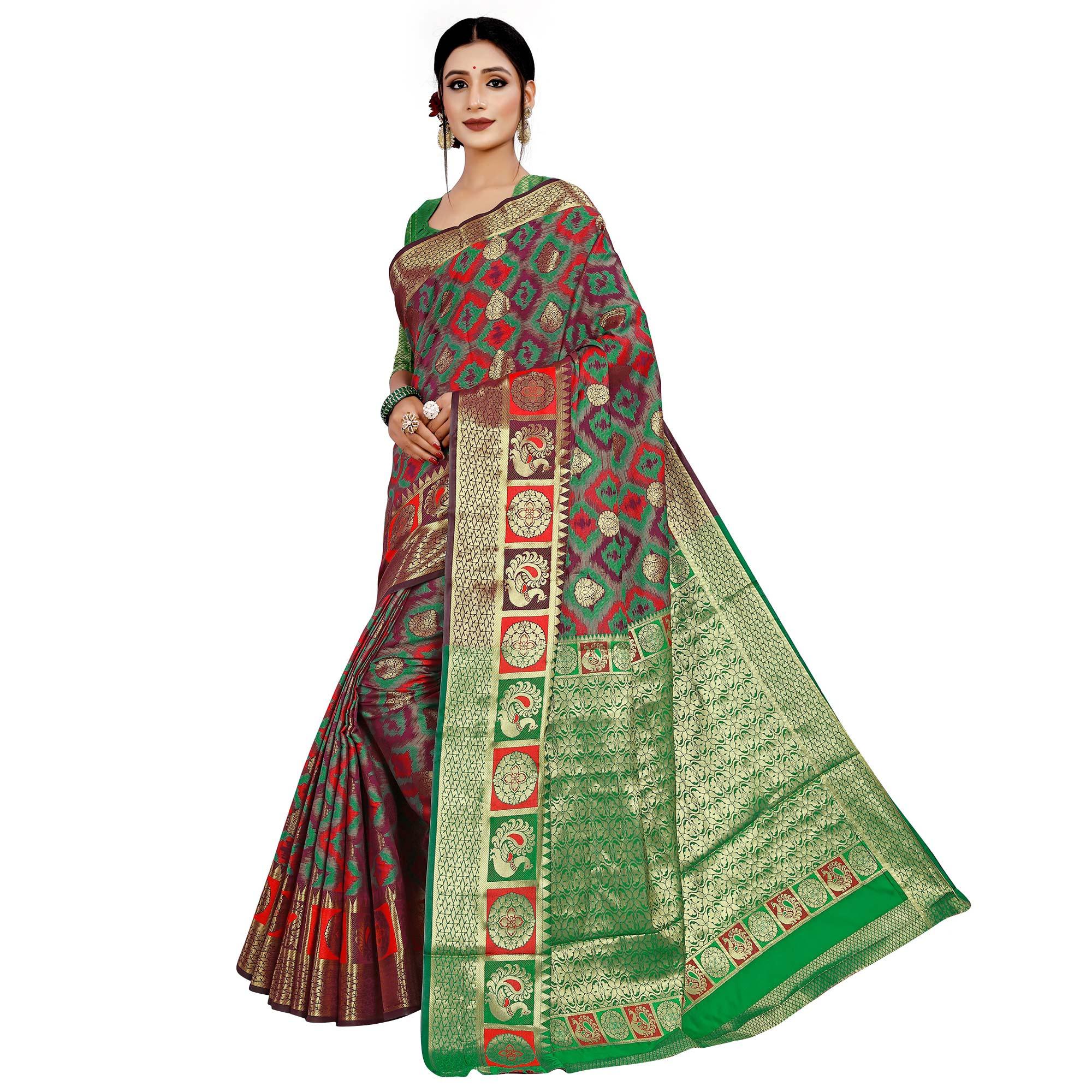 Blooming Wine Colored Festive Wear Woven Cotton Silk Saree - Peachmode
