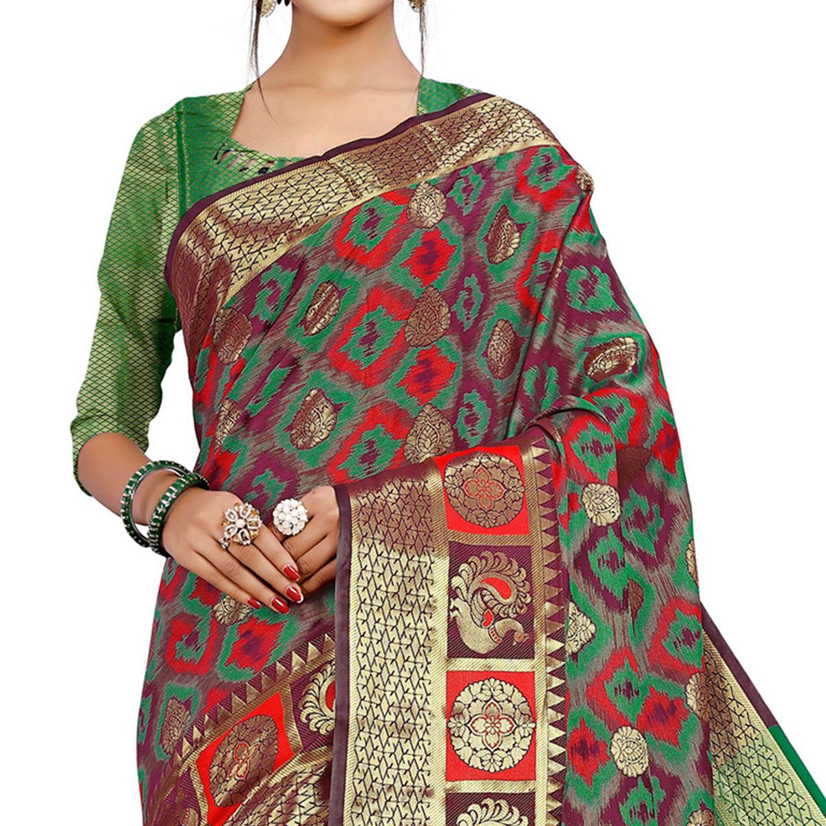 Blooming Wine Colored Festive Wear Woven Cotton Silk Saree - Peachmode