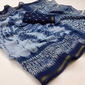 Blue Abstract Printed Cotton Blend Saree - Peachmode