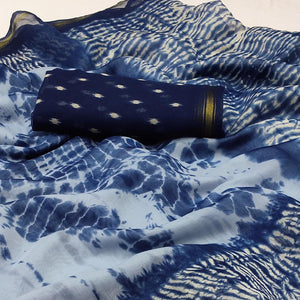 Blue Abstract Printed Cotton Blend Saree - Peachmode