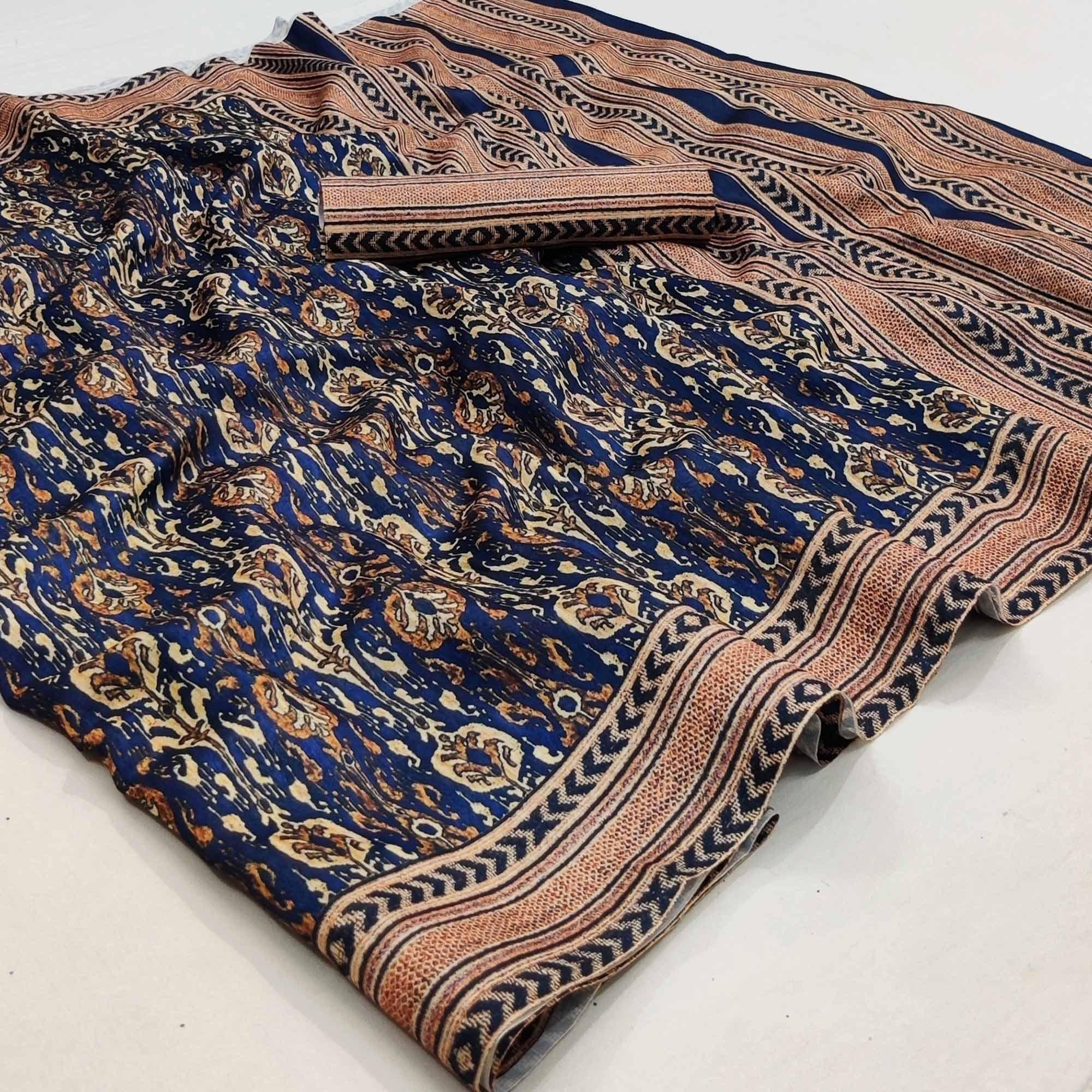 Blue Abstract Printed Pure Cotton Saree - Peachmode