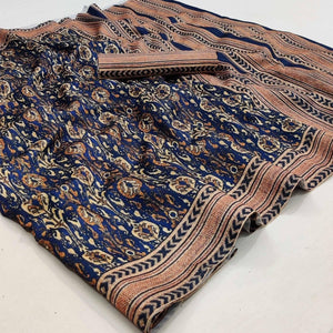Blue Abstract Printed Pure Cotton Saree - Peachmode