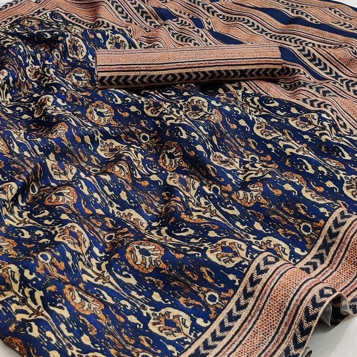 Blue Abstract Printed Pure Cotton Saree - Peachmode