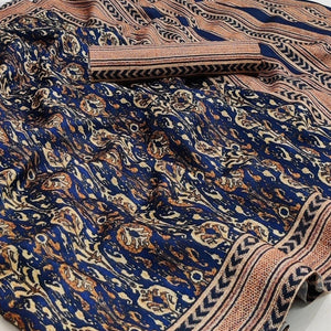 Blue Abstract Printed Pure Cotton Saree - Peachmode