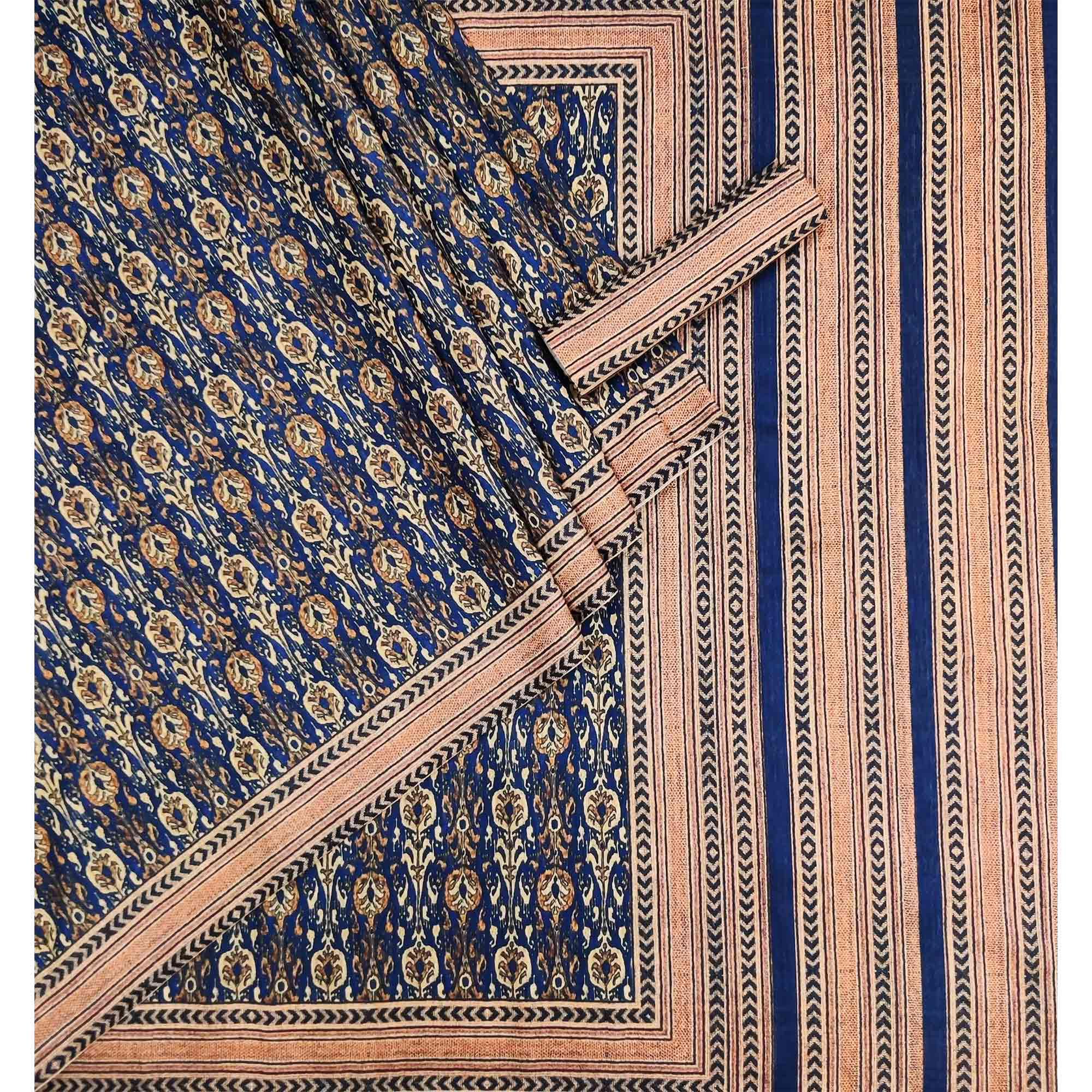 Blue Abstract Printed Pure Cotton Saree - Peachmode