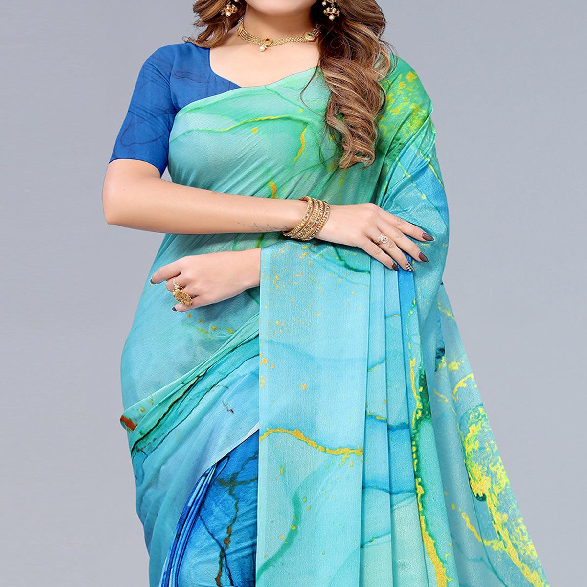 Blue Abtsract Printed Chiffon Half And Half Saree - Peachmode