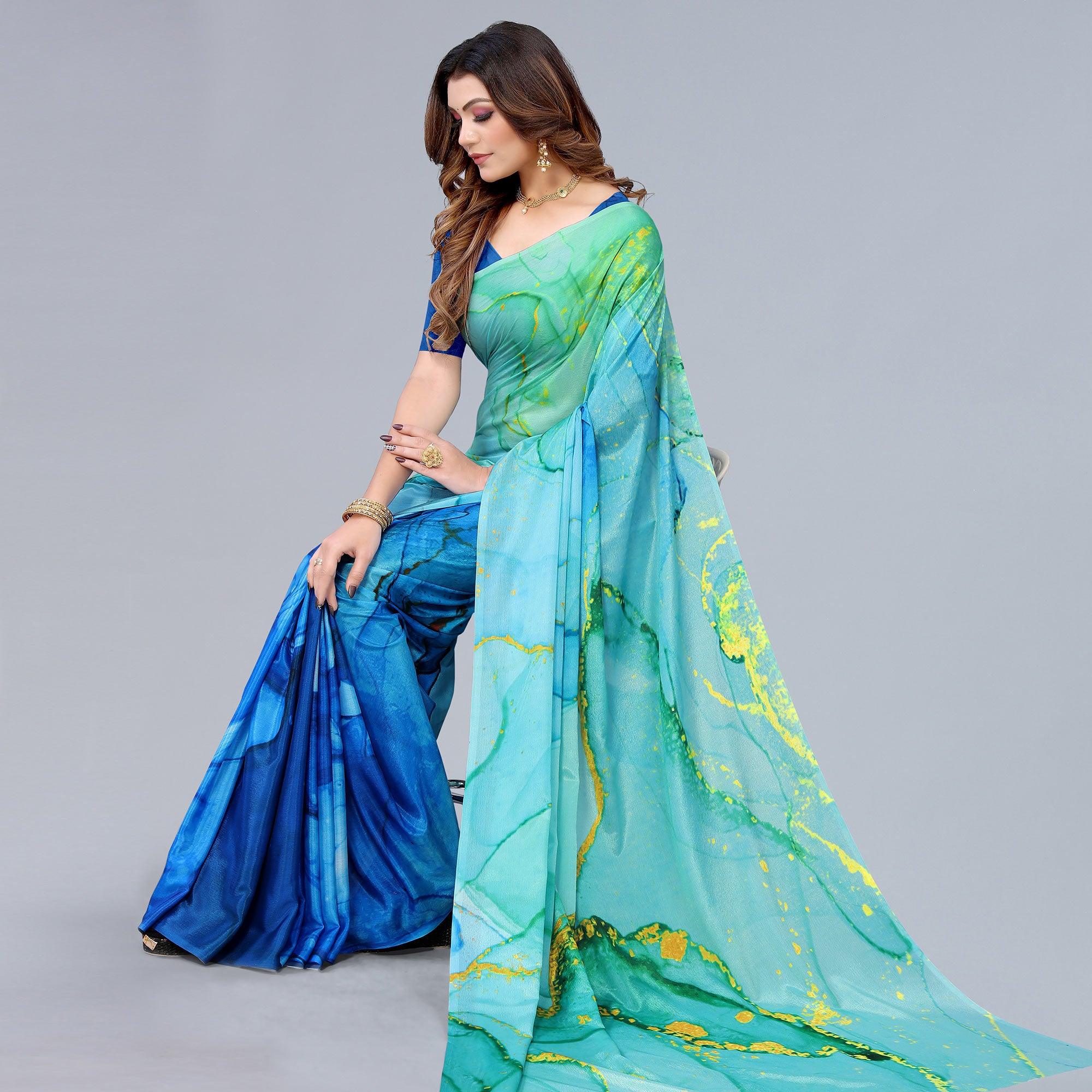 Blue Abtsract Printed Chiffon Half And Half Saree - Peachmode