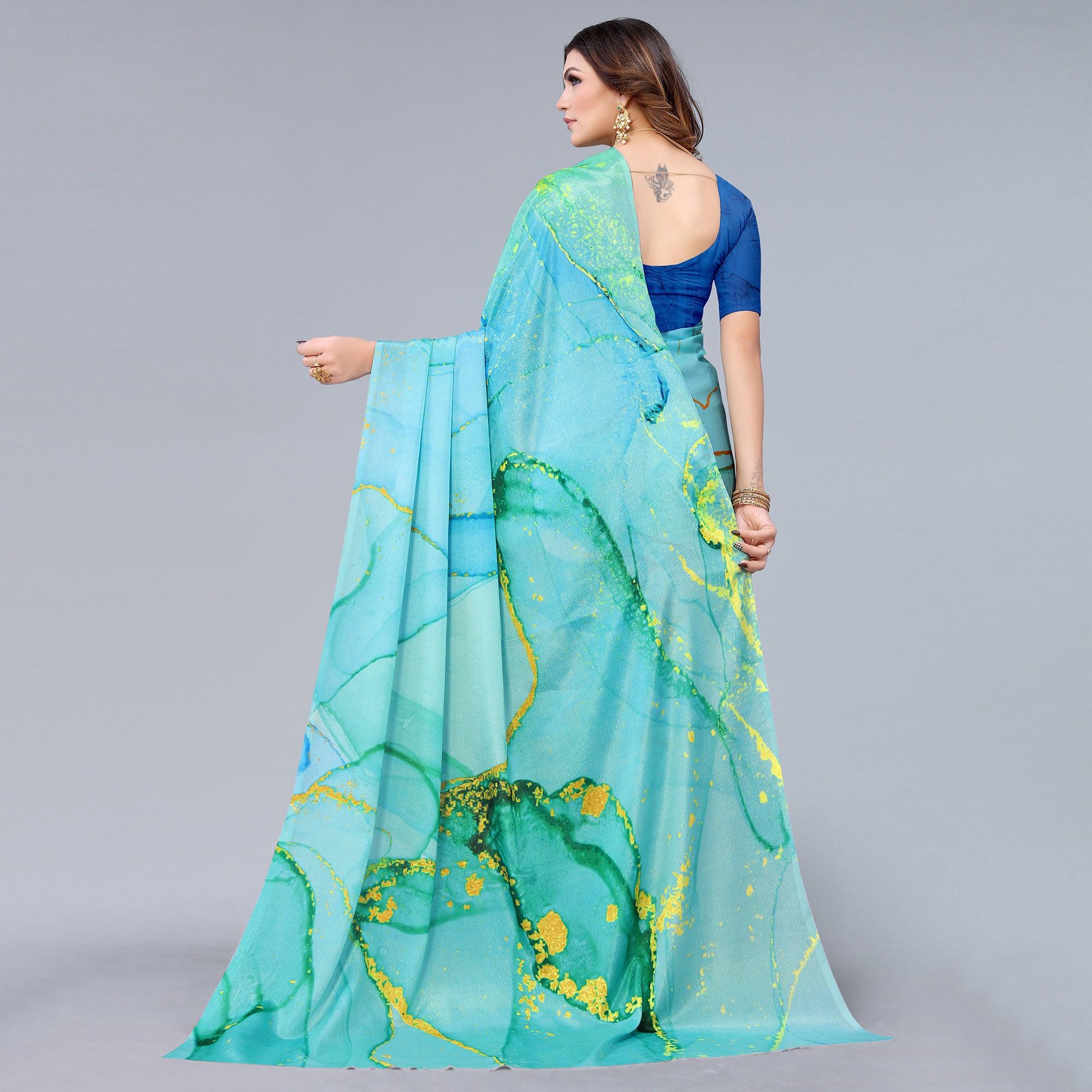 Blue Abtsract Printed Chiffon Half And Half Saree - Peachmode