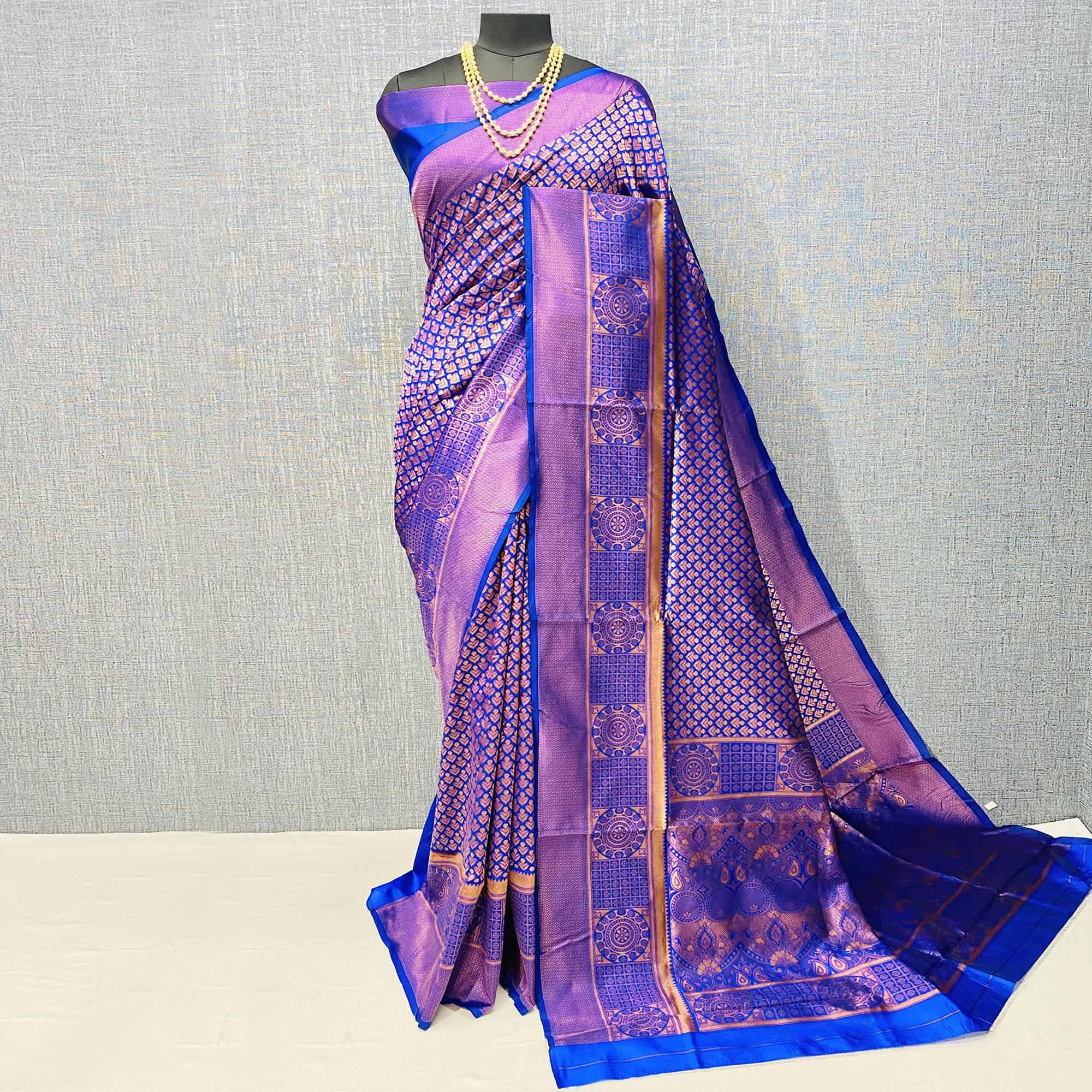 Blue & Golden Woven Banarasi Silk Saree - Peachmode