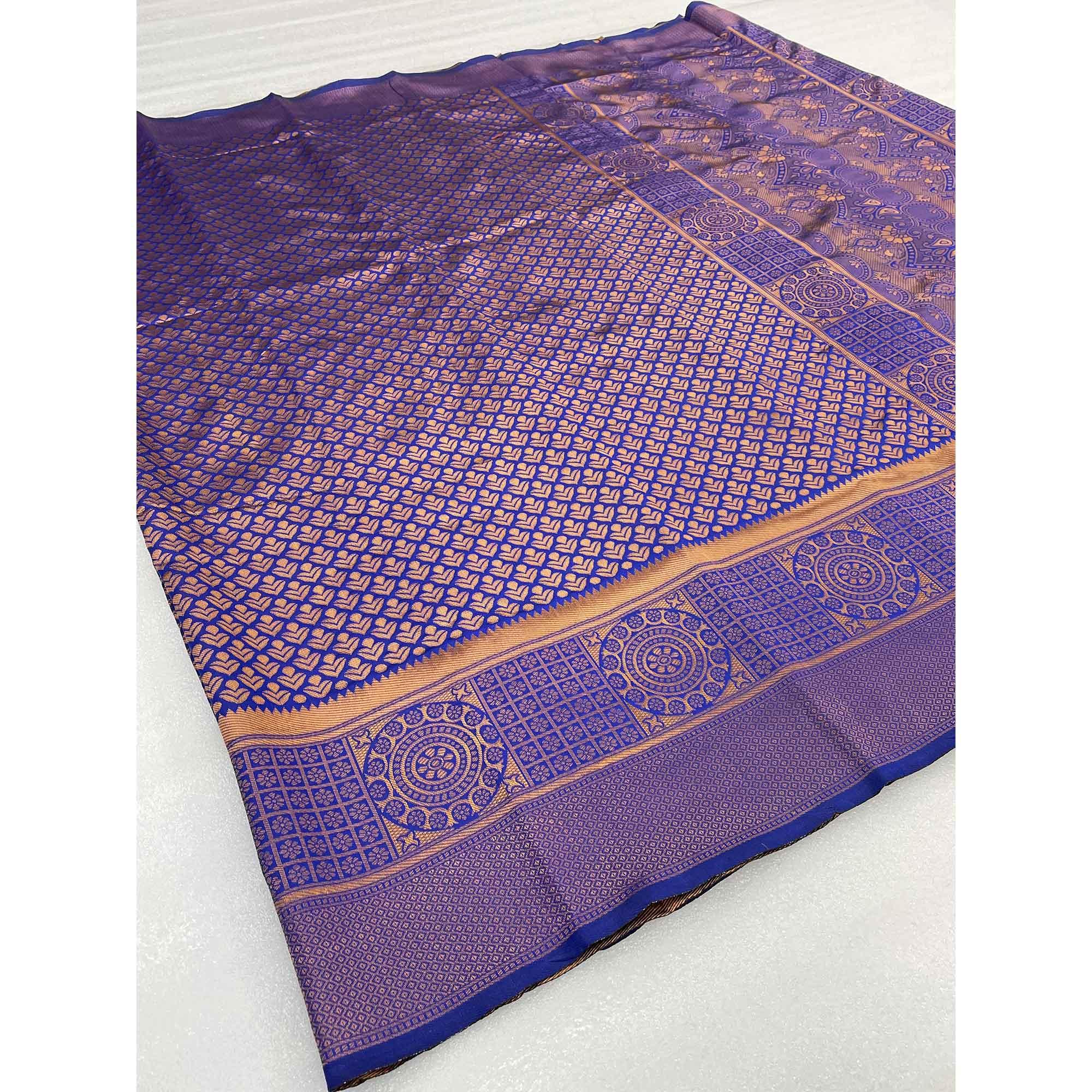 Blue & Golden Woven Banarasi Silk Saree - Peachmode